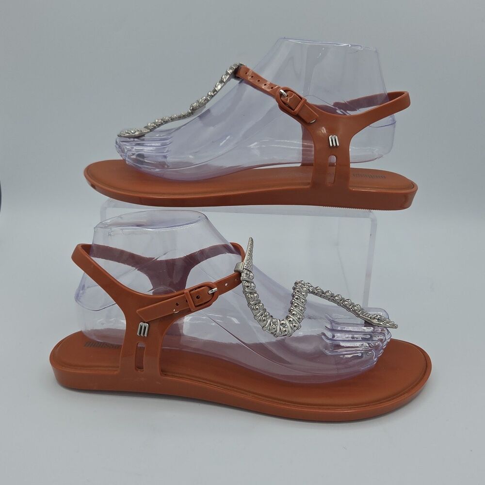 Melissa BoBo Terracotta Orange Silver Rhinestone Snake Jelly Sandal Sz 9 Boho